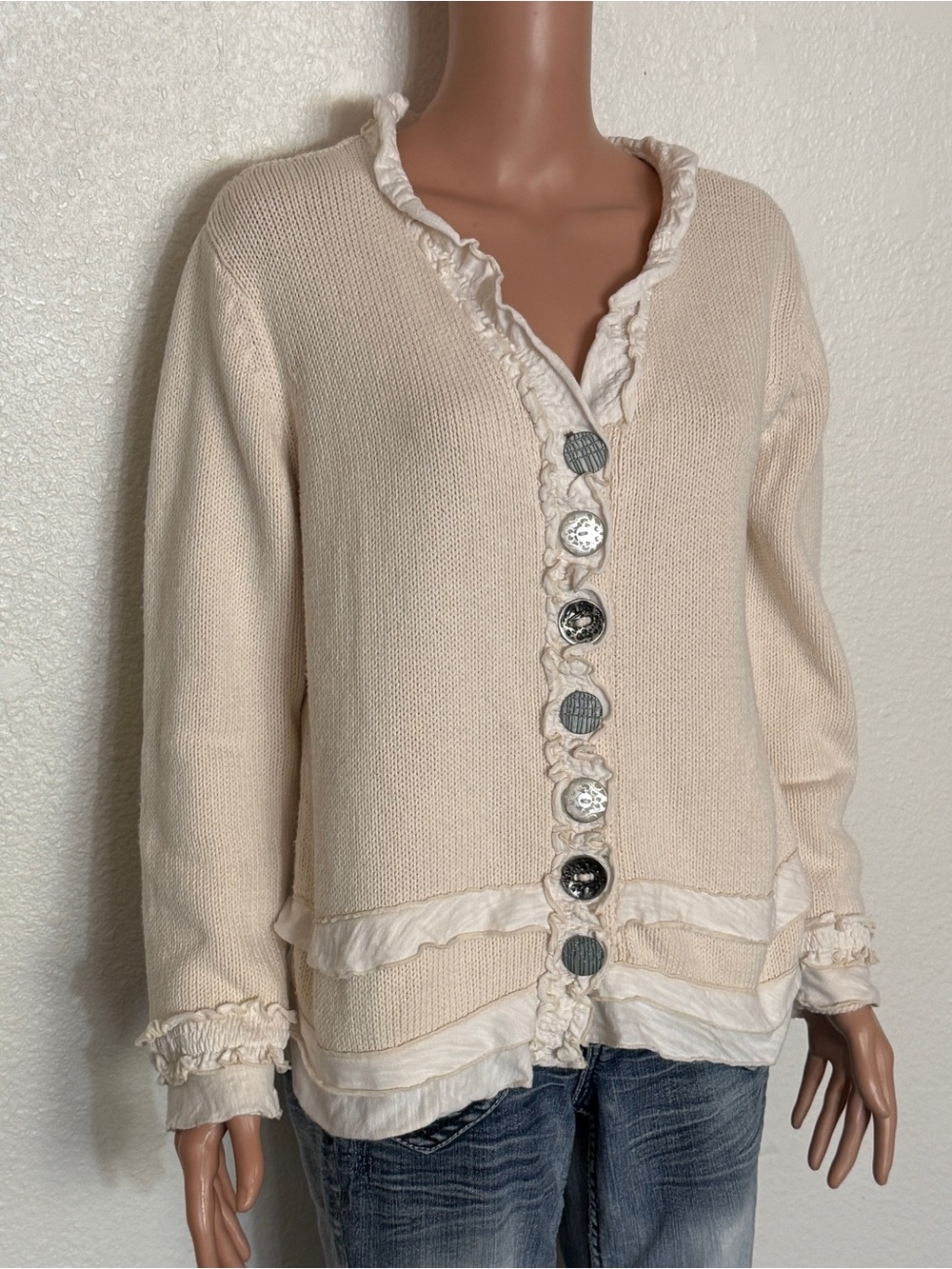 Pure Handknit Cream Raw Edge Ruffled Button Down Cotton Cardigan M/L